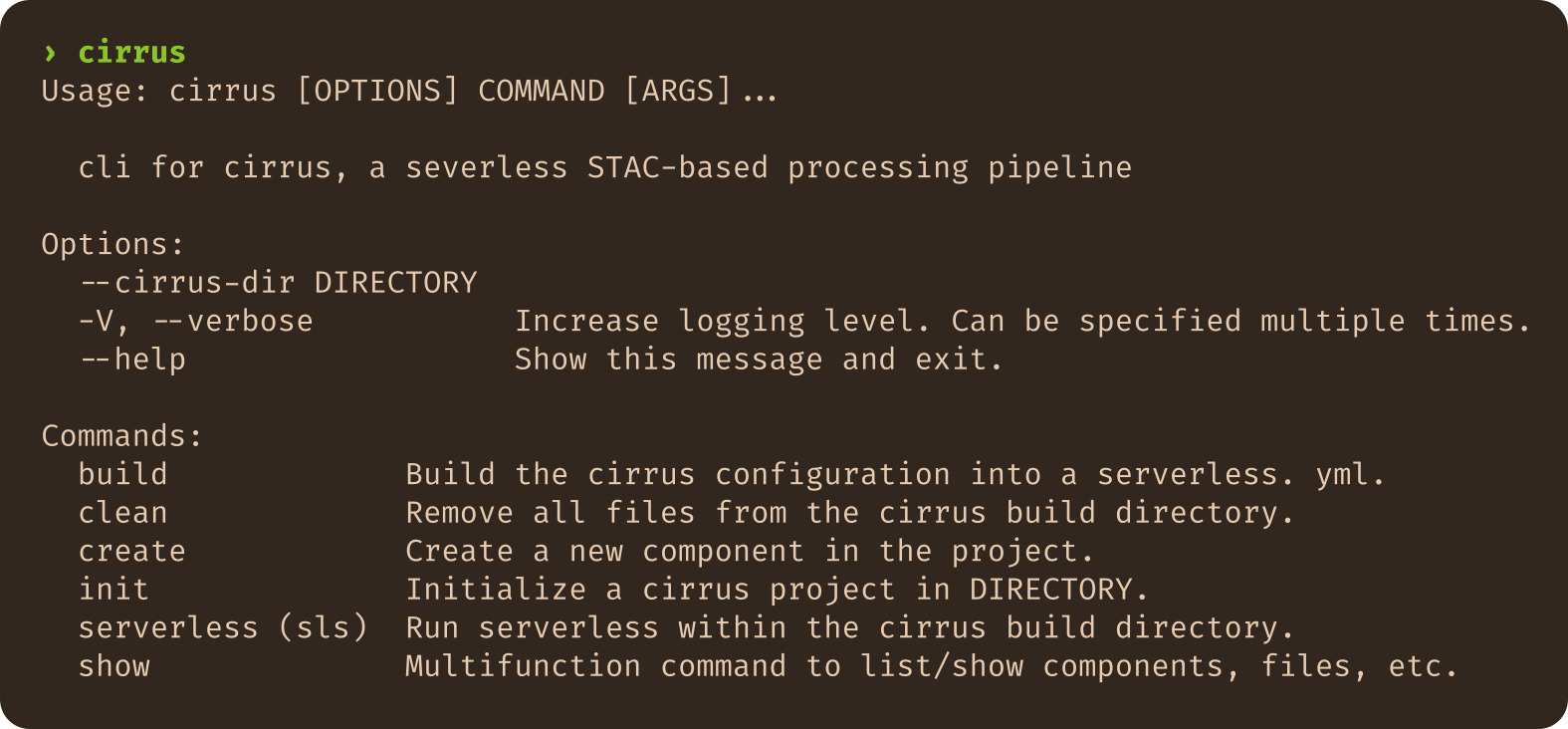 Cirrus command line screenshot.